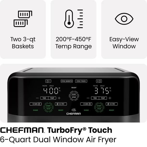 Chefman Dual Basket Digital Air Fryer Oven w/ Easy View Windows, 2 Independent 2.75L