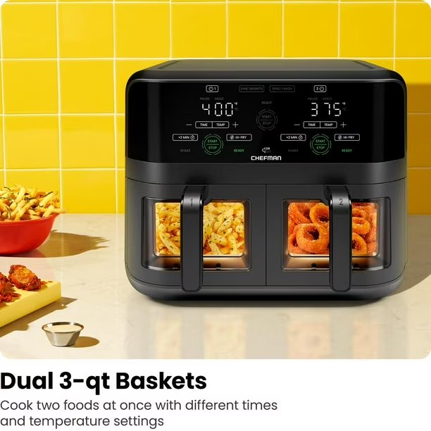 Chefman Dual Basket Digital Air Fryer Oven w/ Easy View Windows, 2 Independent 2.75L