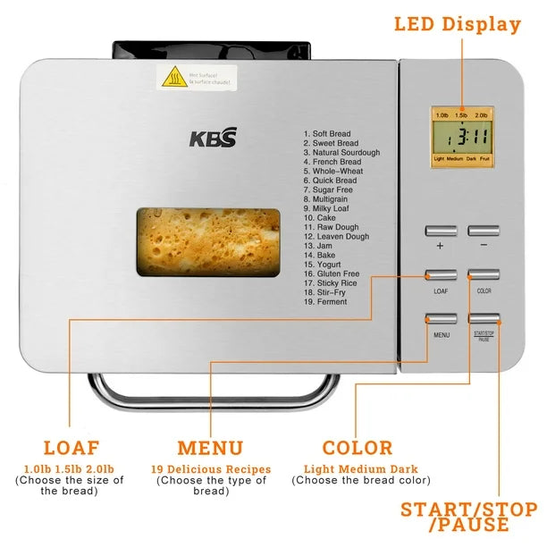 KBS 19-in-1 2LB Bread Maker Machine Fully Automatic LCD Display, Stainless Steel Model# 013