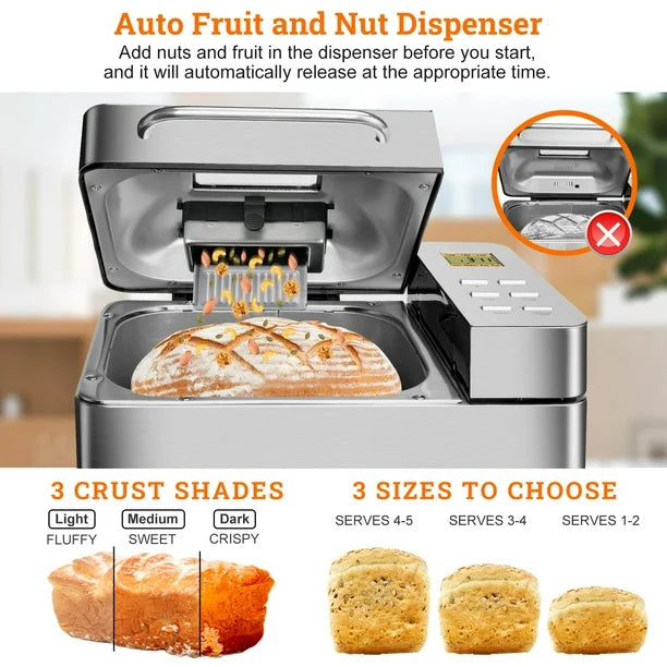 KBS 19-in-1 2LB Bread Maker Machine Fully Automatic LCD Display, Stainless Steel Model# 013