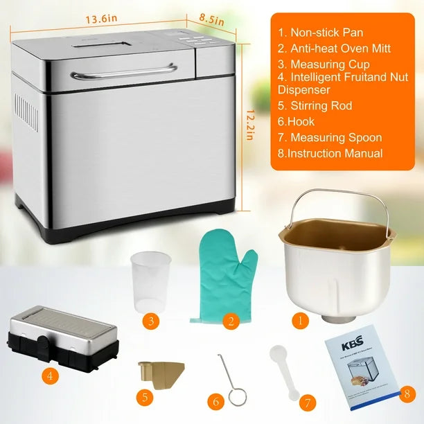 KBS 19-in-1 2LB Bread Maker Machine Fully Automatic LCD Display, Stainless Steel Model# 013