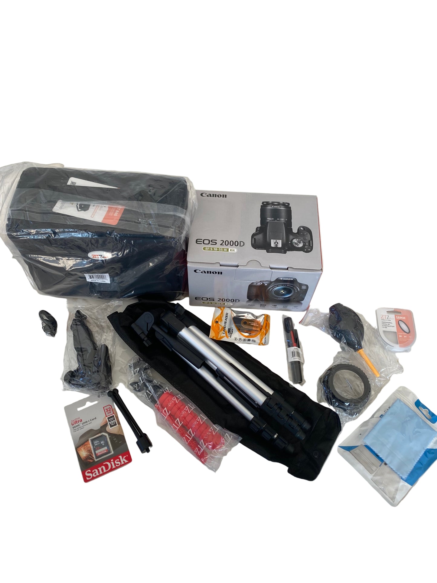 Canon EOS 2000D / Rebel T7 DSLR Camera Bundle with 18-55mm Zoom Lens + 32GB SanDisk Card + Case + Tripod + ZeeTech Accessory