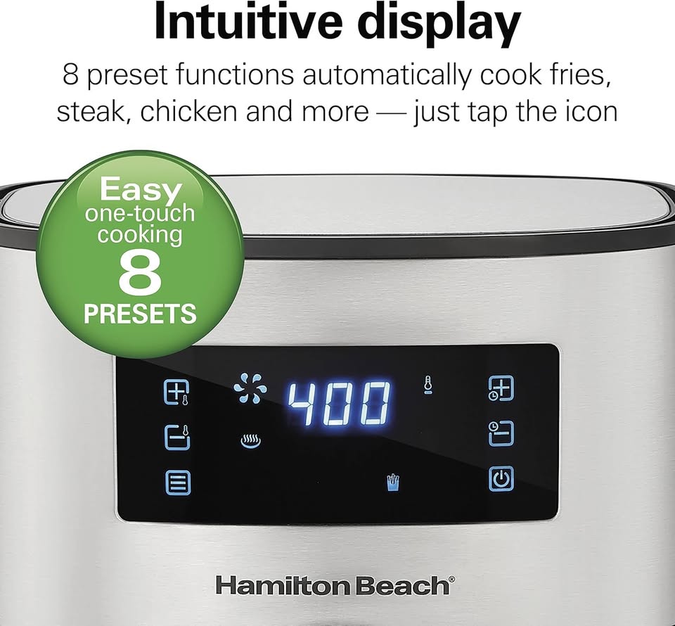 Hamilton Beach 5.8 Quart Digital Air Fryer Oven with 8 Presets, Easy to Clean Nonstick Basket